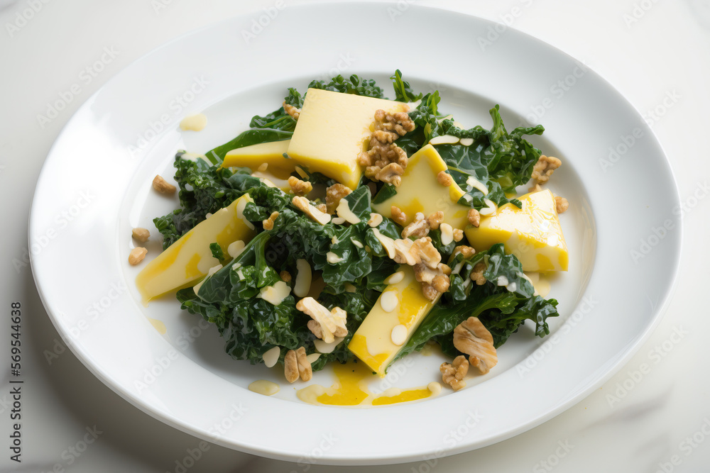 Kale Salad with Apples, Walnuts, and Maple-Mustard Vinaigrette on a Modern White Plate Kale Salad with Apples, Walnuts, and Maple-Mustard Vinaigrette on a Modern White Plate