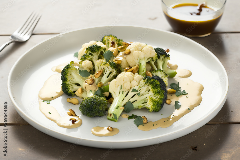 Fresh Broccoli and Cauliflower Salad with Tahini Dressing on a Modern White Plate Fresh Broccoli and Cauliflower Salad with Tahini Dressing on a Modern White Plate