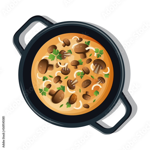 Asian food. Vector food. Mushroom dish. Diet food. Dishes for vegans. Mushroom roast. Vector icon for kitchen or menu. Clip art food.