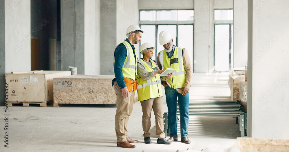 Tablet, building and construction worker team planning renovation, industrial design software and development brainstorming. Manager with digital app talking to engineering contractor in industry job