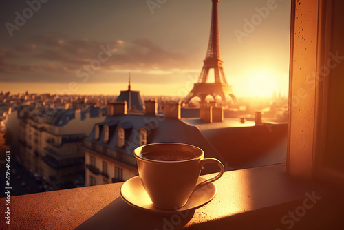 Cup of delicious coffee on blurred background of Paris cozy street and Eiffel tower. Romantic evening view. Based on Generative AI © Yeti Studio