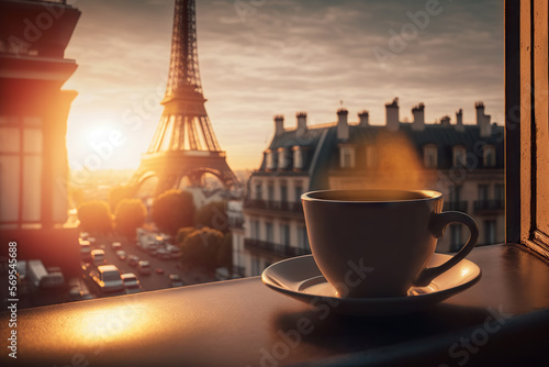 Cup of delicious coffee on blurred background of Paris cozy street and Eiffel tower. Romantic evening view. Based on Generative AI