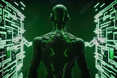 A human like android AI learning and growing, collecting data from servers with green neon glow. Generative ai.
