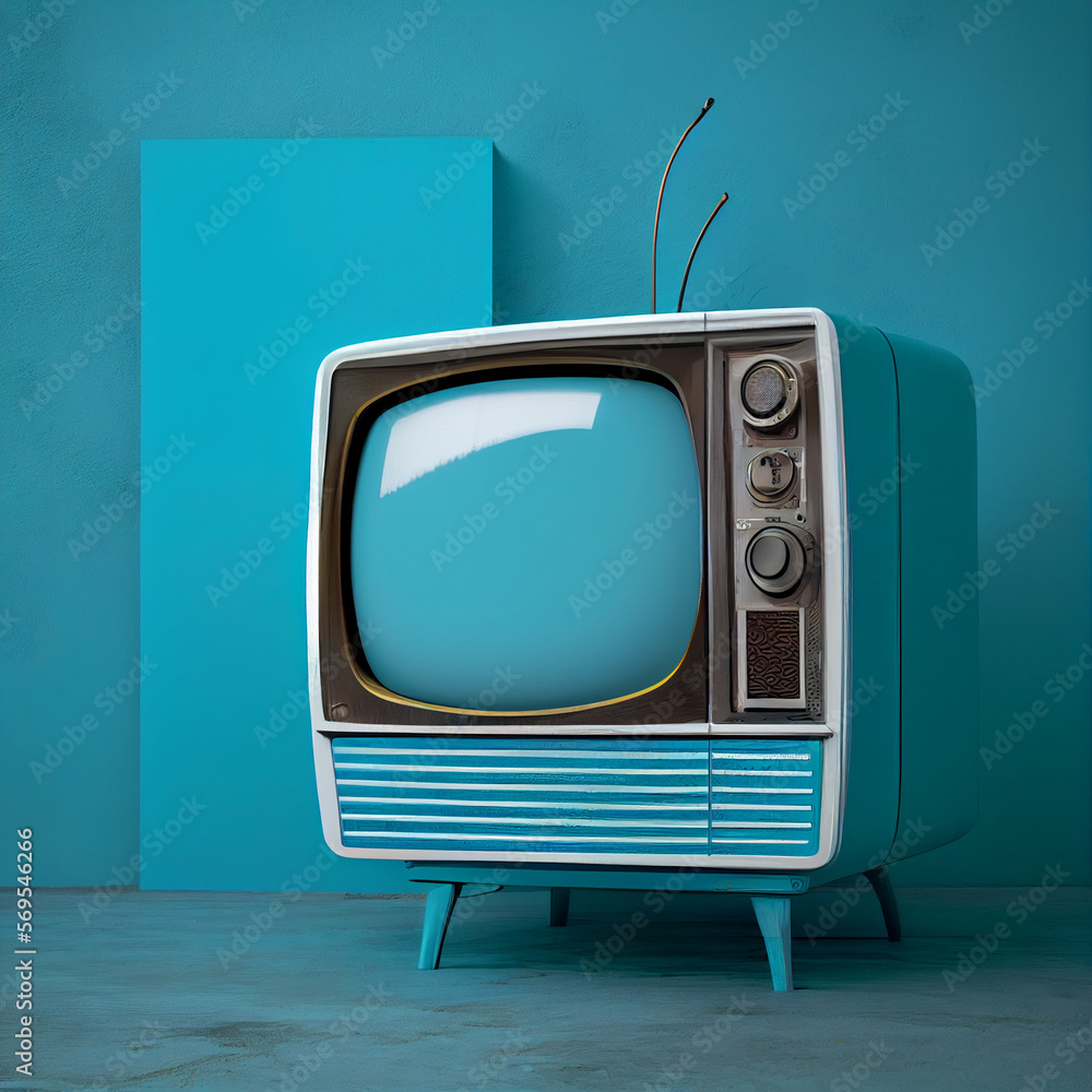 retro tv on turquoise wall background