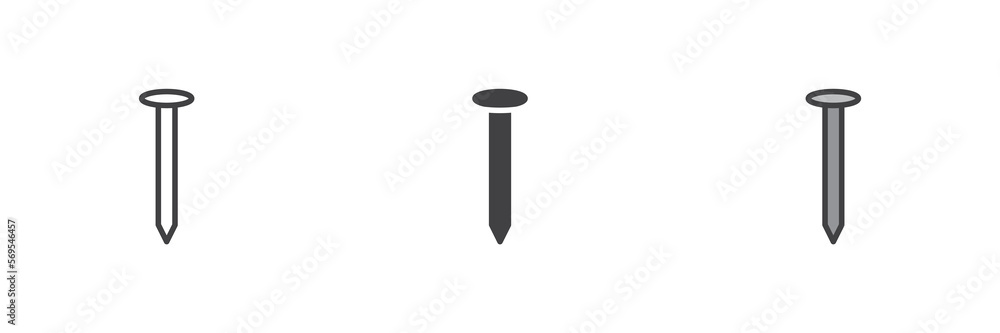 Metal nail different style icon set Metal nail different style icon set