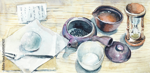 Tea brewing. Sketch in Japanese cafe. Watercolor hand painted illustration.
