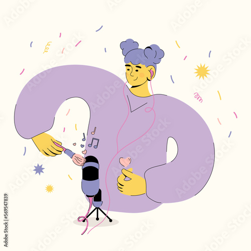 Girl Records Asmr Video for Relaxation and Sleep. Sounds of Asmr makeup brush across the microphone. International A.S.M.R. Day. Abstract vector illustration for advertising, banners, websites, design