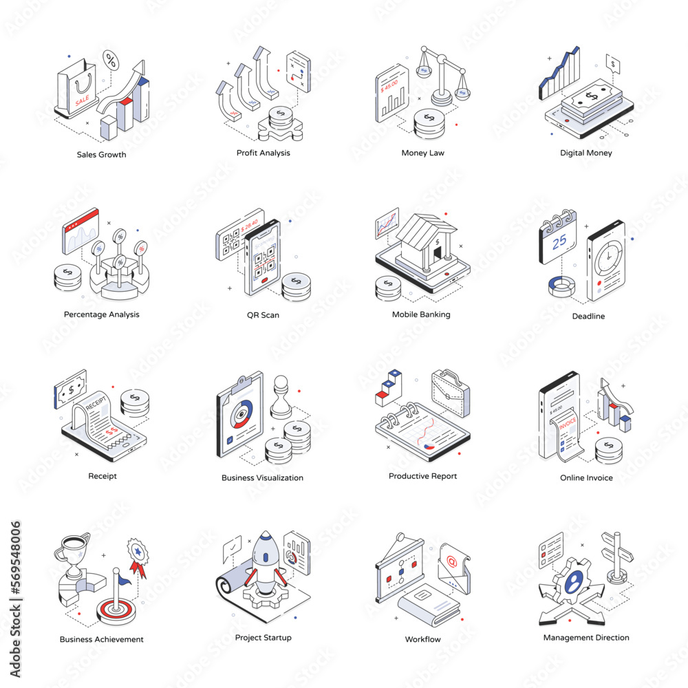 Set of Financial Growth Isometric Icons 