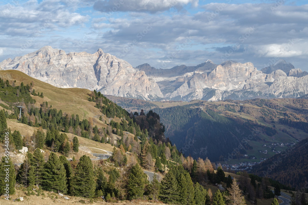 Fototapeta premium Scenic view of Dolomites mountains, view from Passo Sella, Trentino-Alto-Adige, Italy