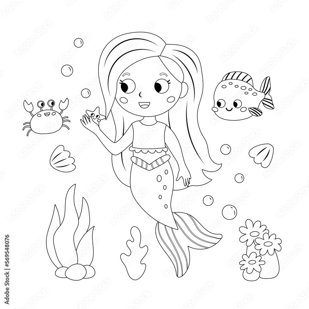Coloring page with cute mermaid, crab and fish. Kawaii cartoon characters. Vector outline for coloring book. Coloring page with cute mermaid, crab and fish. Kawaii cartoon characters. Vector outline for coloring book.