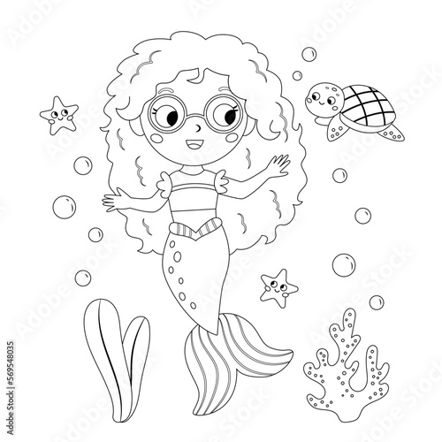 Cute mermaid with glasses. Kawaii cartoon turtle and starfish. Little mermaid princess. Vector outline illustration for coloring book.