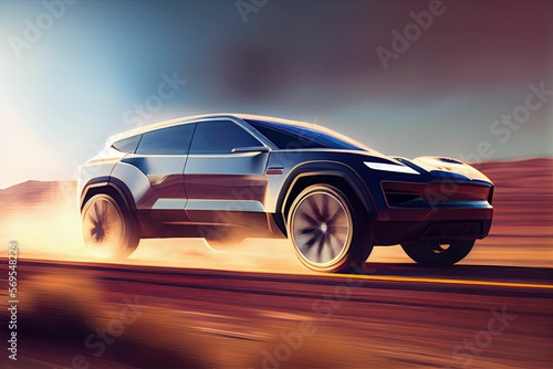illustration of Electric SUV driving on the highway,generative ai content by Midjourney © 真実 原