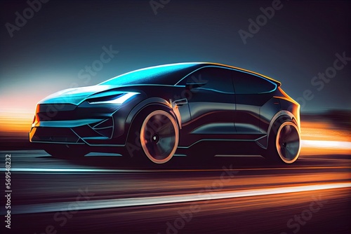 illustration of Electric SUV driving on the highway,generative ai content by Midjourney © 真実 原