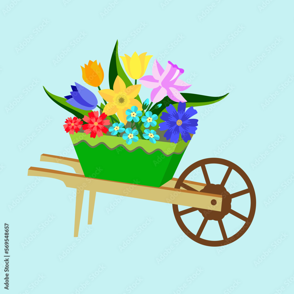 Vector - wheelbarrow with spring flowers.