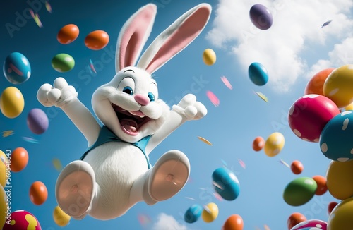 Cartoon Osterhase freut sich auf Ostern und wirft seine bunten Eier in die Luft. Extrem lustiger Comic Hase ist durchgedreht vor Freue und Glück - KI generiert  © Marco