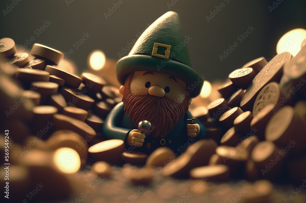 gnome wearing St. Patrick's Day clothes sit on golden coins. illustration AI generated
