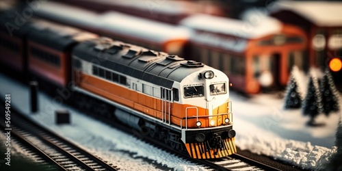 Tilt-shift Miniature train model on railroad transport. illustration AI generated