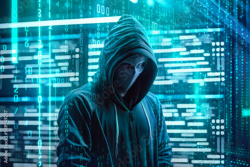 Anonymous hacker with hood and mask inside of data center. Postproducted generative AI digital illustration.