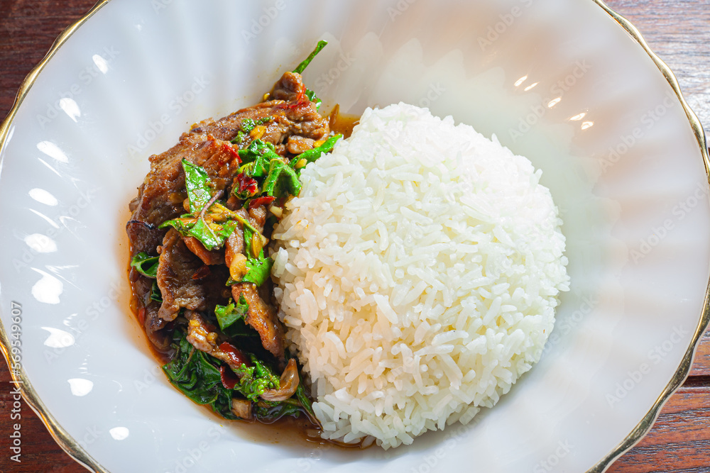 Stir Fried Basil with Beef on Rice.