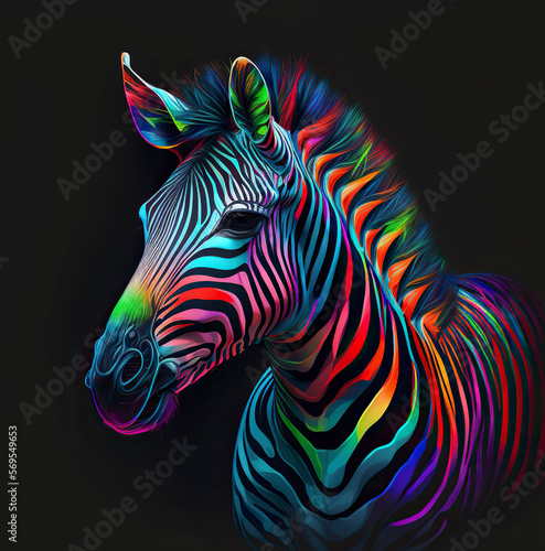 Zebra portrait in rainbow colors. Generative AI.