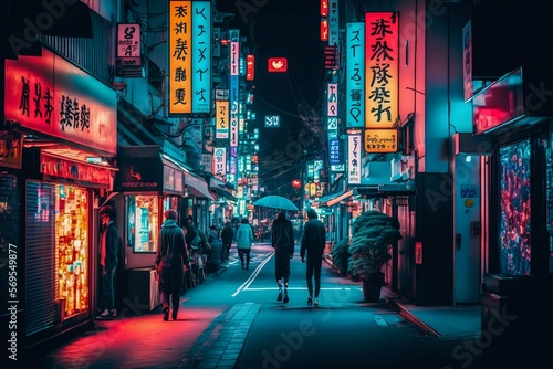 Neon night city street in Tokyo. Generative AI
