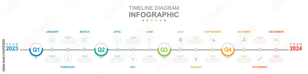 Infographic business template. 12 Months modern Timeline diagram calendar with 4 quarter topics. Concept presentation.
