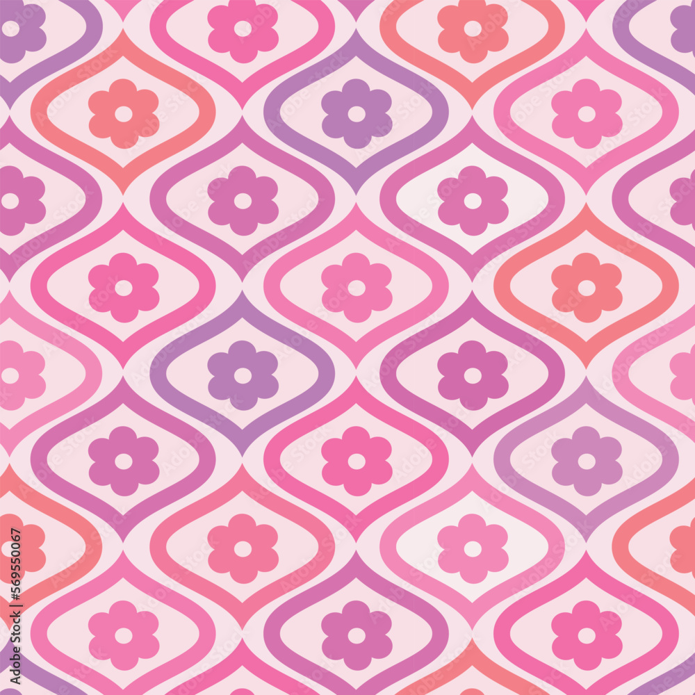Retro Colorful flowers in pink, purple, coral and orange on mid century ogee seamless pattern. For home décor, wallpaper, fabric and textile	