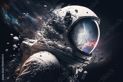 An astronaut in outer space experiencing near light speed fragments into dust. Generative AI