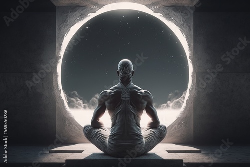 A meditating man in yoga pose facing the absolute consciousness.Generative AI photo