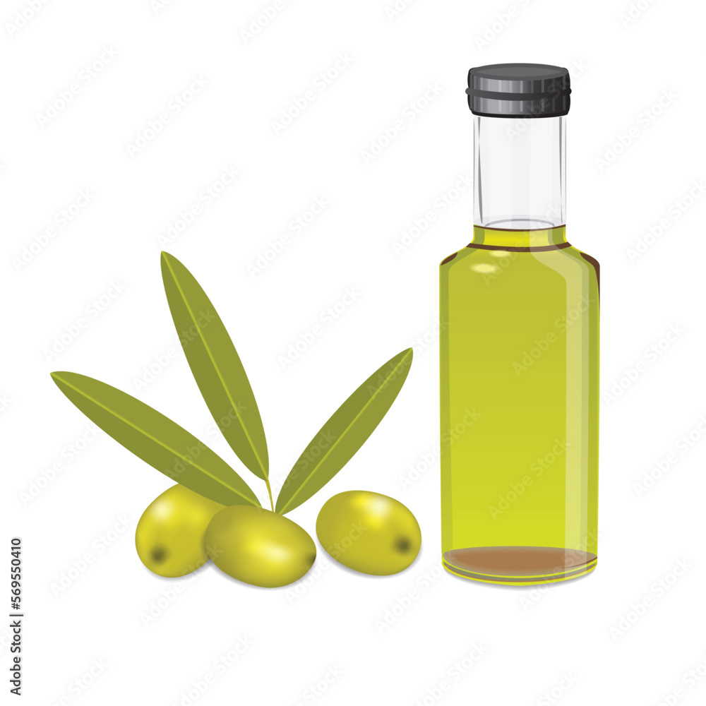 olive oil bottle and green olives with leaves isolated on a white background olive oil bottle and green olives with leaves isolated on a white background