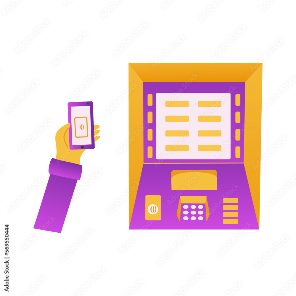 ATM with contactless payment, nfc, card reader, terminal for depositing and withdrawing cash and money transfers, phone transaction. Colorful vector isolated illustration flat. Finance machine ATM with contactless payment, nfc, card reader, terminal for depositing and withdrawing cash and money transfers, phone transaction. Colorful vector isolated illustration flat. Finance machine