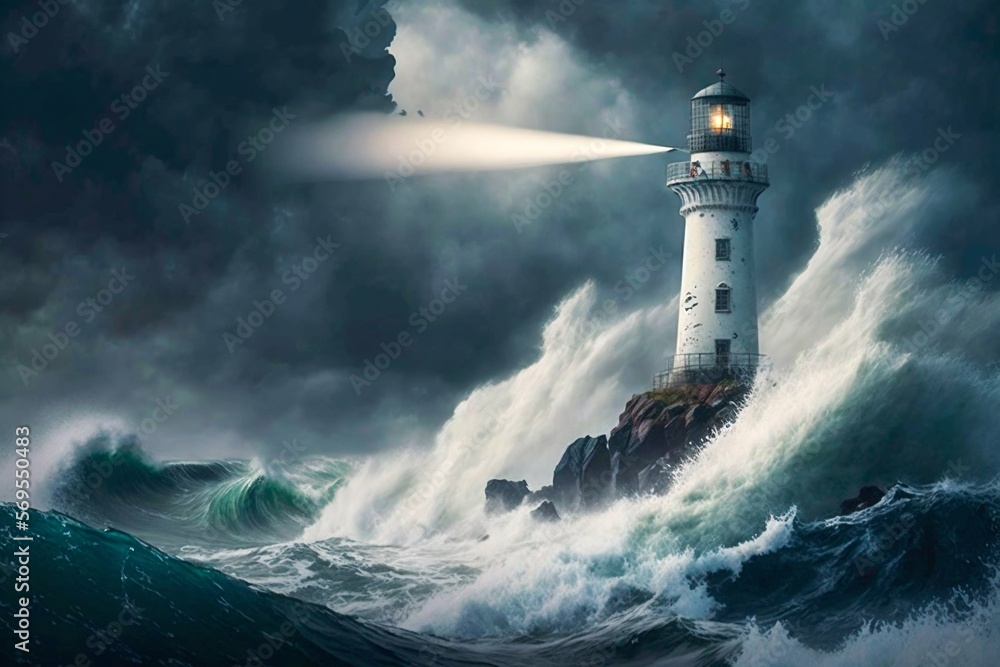 Lighthouse in the sea storm with big waves. Generative AI