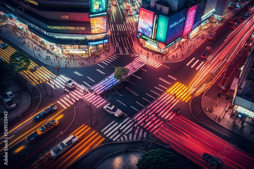 Neon night city Shibuya crossing in Tokyo. Generative AI photo