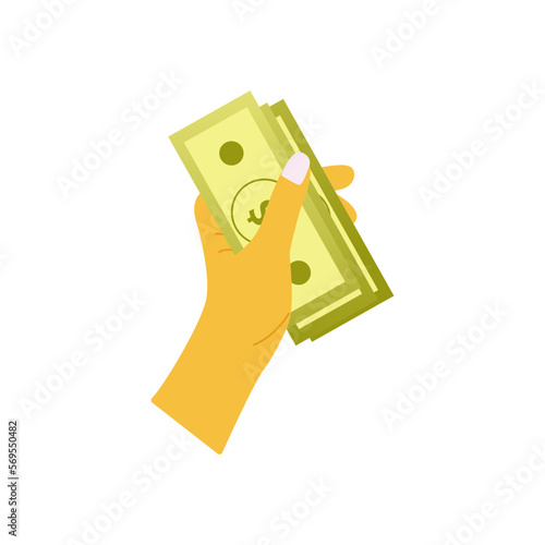 Human hand hold cash usd. Colorful vector isolated hand drawn illustration. Allocation of finances, currency usd