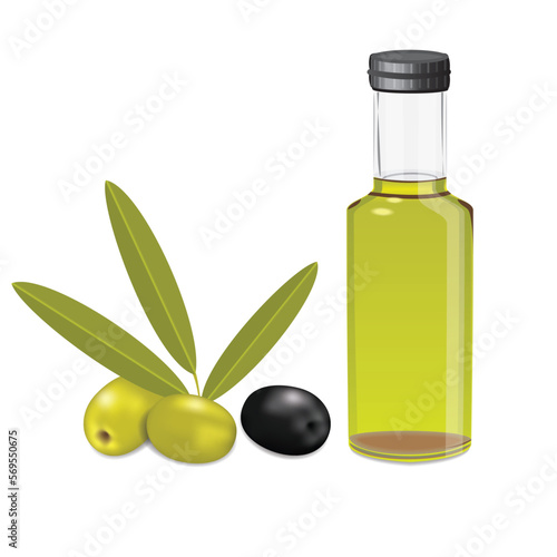 olive oil bottle and green, black olives with leaves isolated on a white background