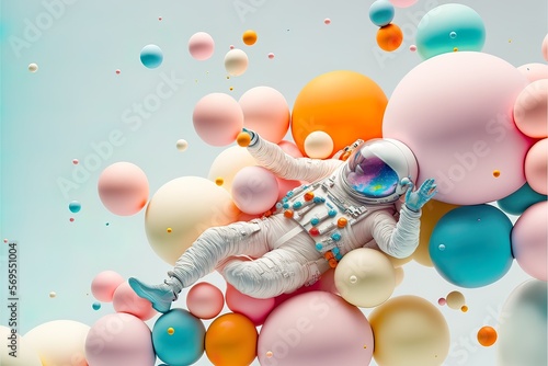 Party creative pastel colorful concept of astronaut, cyborg in space suit flying on balls and balloons. Abstract pastel party. Illustration. Generative AI.