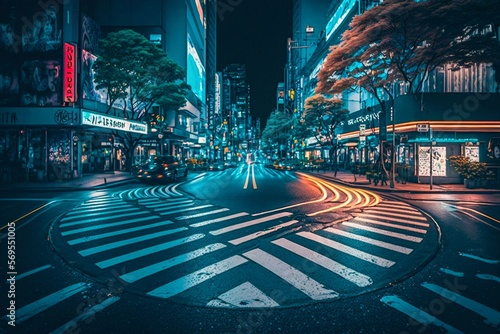 Neon night city Shibuya crossing in Tokyo. Generative AI photo