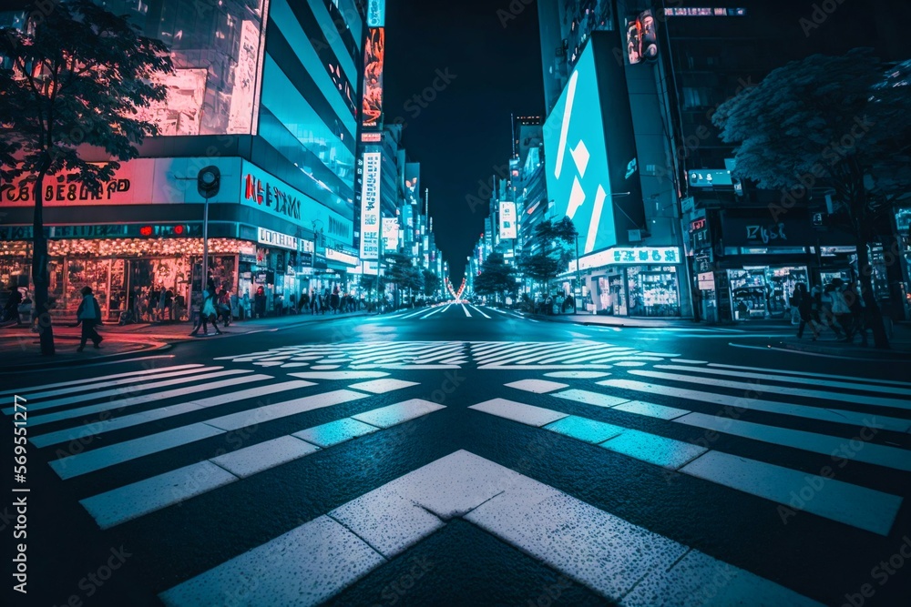 Neon night city Shibuya crossing in Tokyo. Generative AI - obrazy, fototapety, plakaty 