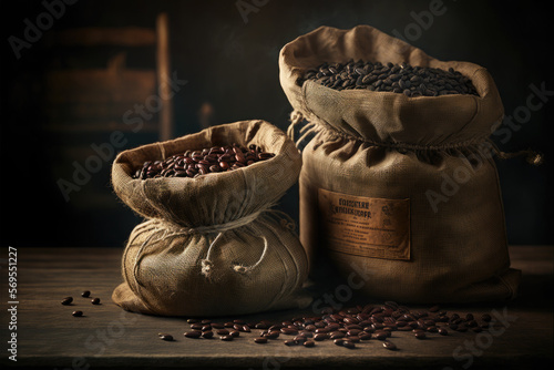Roasted coffee beans in a burlap sacks on rustic wooden table. Ai generative