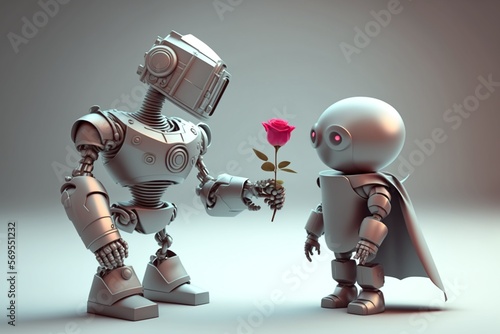 valentine's day illustration with a robot couple with a rose in love. AI Generative