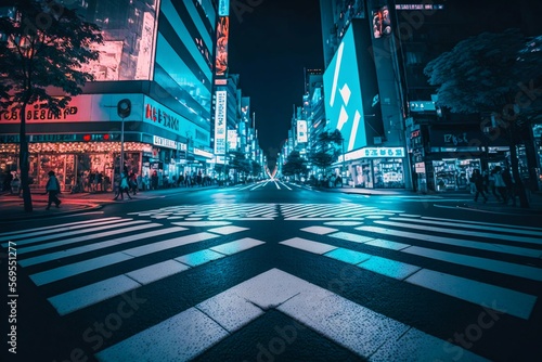 Leinwand Poster Neon night city Shibuya crossing in Tokyo. Generative AI