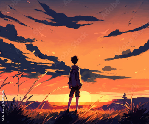 silhouette of an anime boy in sunset