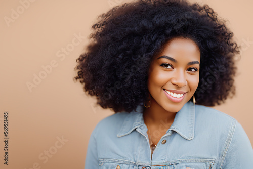 Beauty portrait of African American woman with clean healthy skin on beige background. Smiling dreamy beautiful black woman. Curly hair in afro style