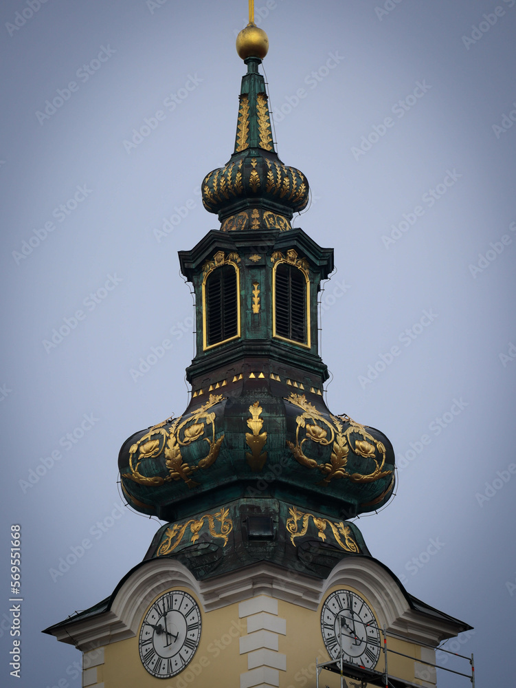 portrait of church clock tower in Zagreb Croatia