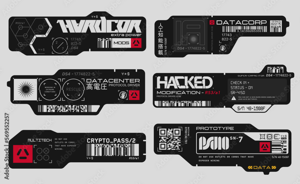 Cyberpunk decals set. Set of vector stickers and labels in futuristic