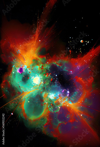 Splashing vivd inks and paints explosion on black background forming nebula galactic forms and shapes. Digitally generated AI image