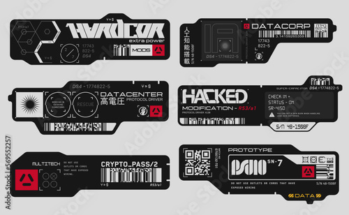 Cyberpunk decals set. Set of vector stickers and labels in futuristic style. Inscriptions and symbols, Japanese hieroglyphs for  AI controlled, high voltage, warning.