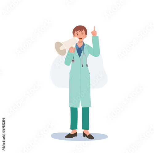 A female doctor in a medical uniform. woman doctor with megaphone. Flat vector illustration