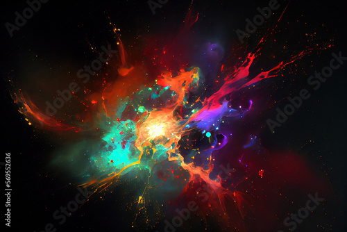 Splashing vivd inks and paints explosion on black background forming nebula galactic forms and shapes. Digitally generated AI image