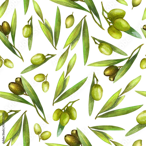 Watercolor seamless pattern with black and green olives and branch. Hand painted olives isolated on white background. Botanical illustration for design, print, fabric or background